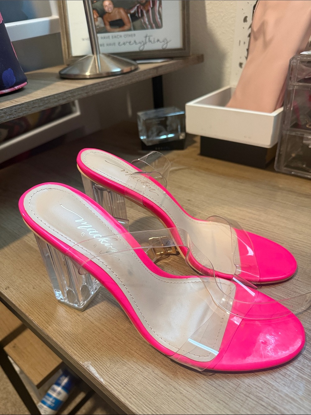 Clear Strap Neon Pink Block Heel